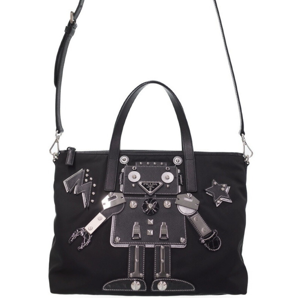 Prada Tessuto Robot Tote motif leather embellishments Black
